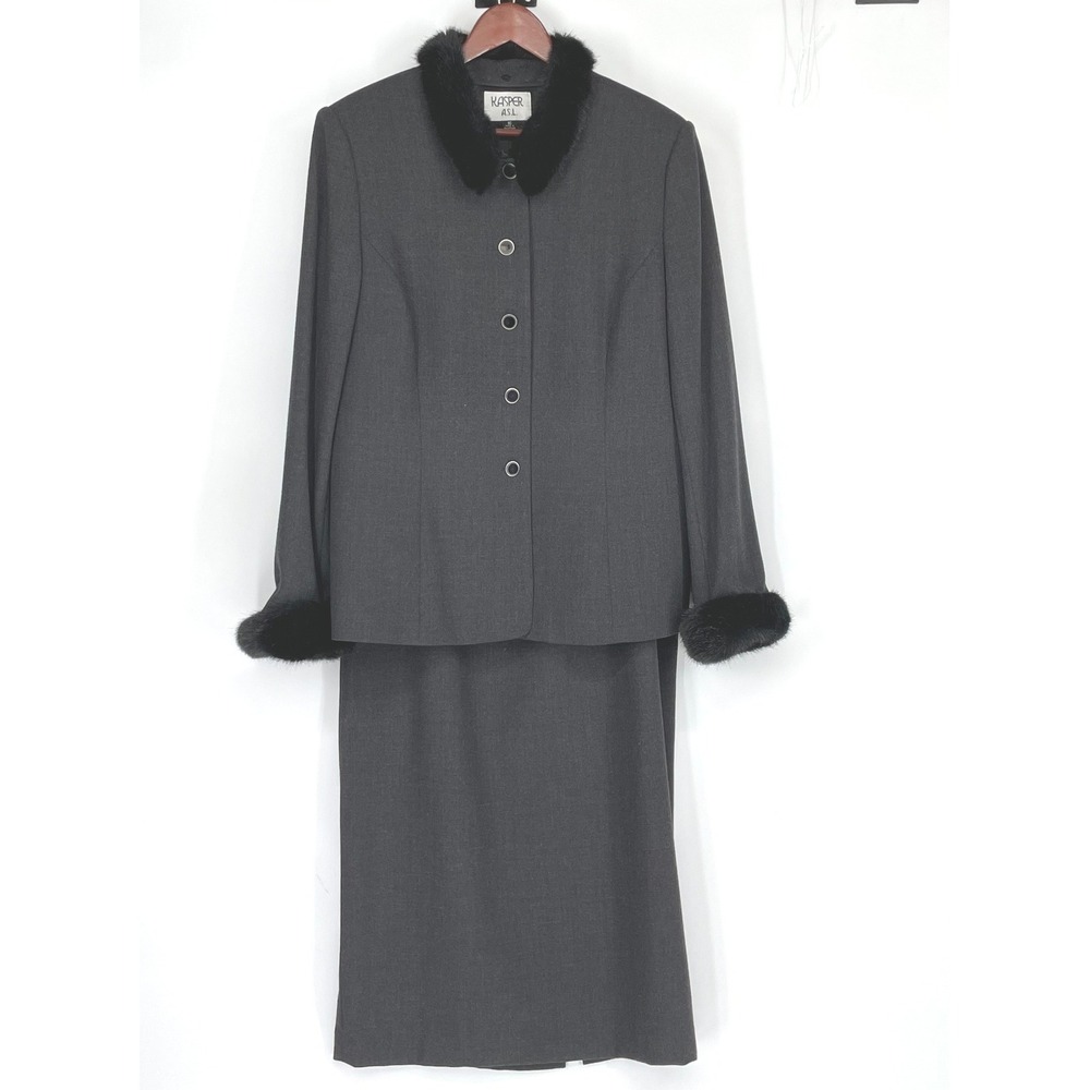 Kasper ASL Womens Skirt Suit 16 Blazer Skirt Gray Faux Fur Trim Trimmed